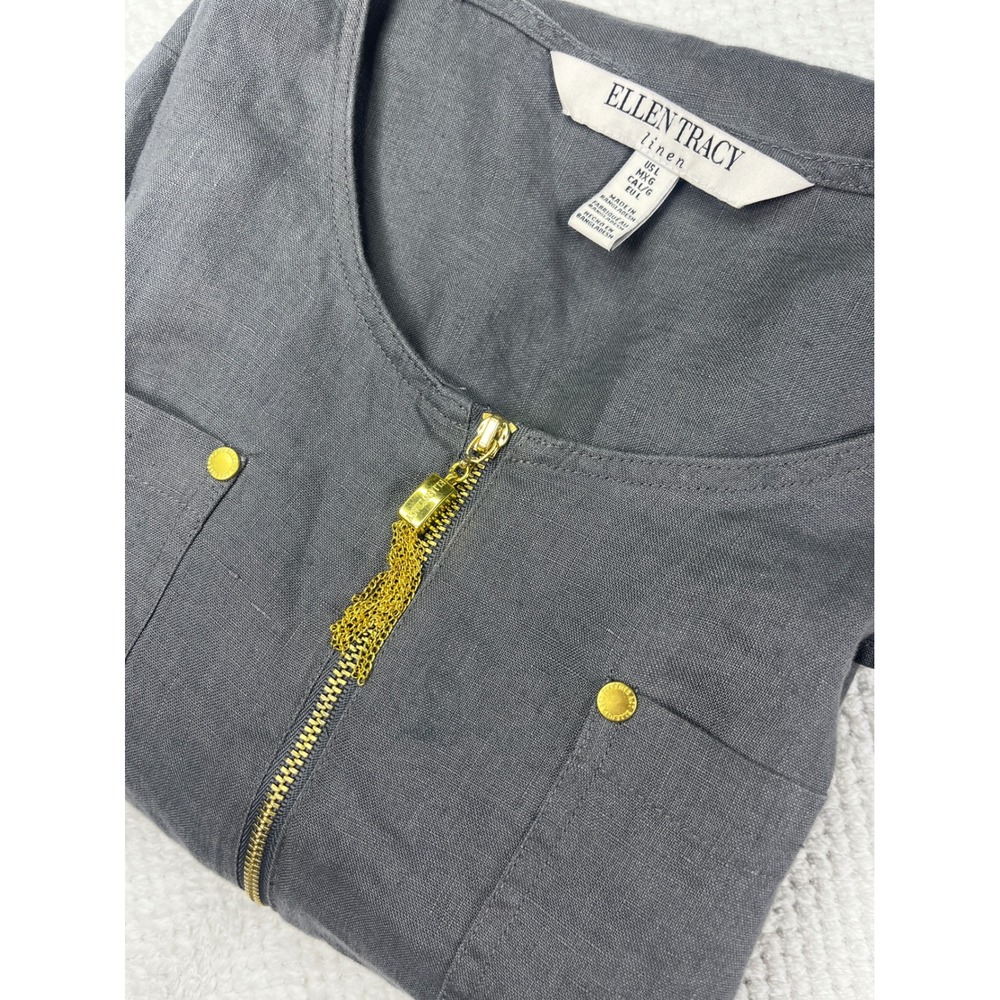 Ellen Tracy Women 100% Linen Zipper Pocket Tunic Top Gray‎ Size L